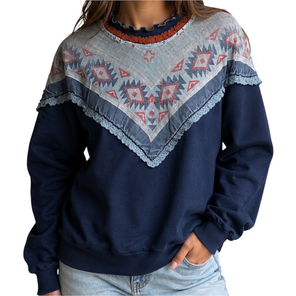 Vintage Sunbelt Sports Sweatshirt Double Collar Geometric Lace Scallop Navy L